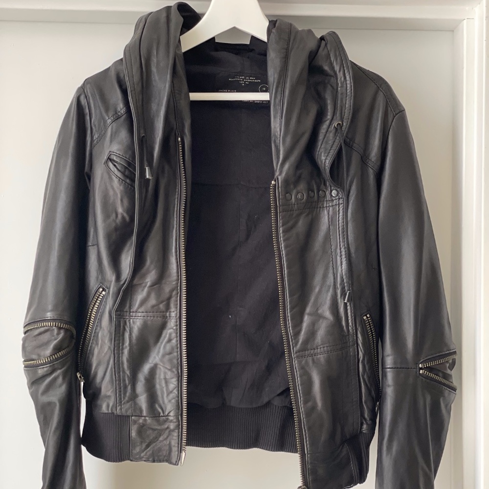 AllSaints Black Bomber Leather Jacket with hood